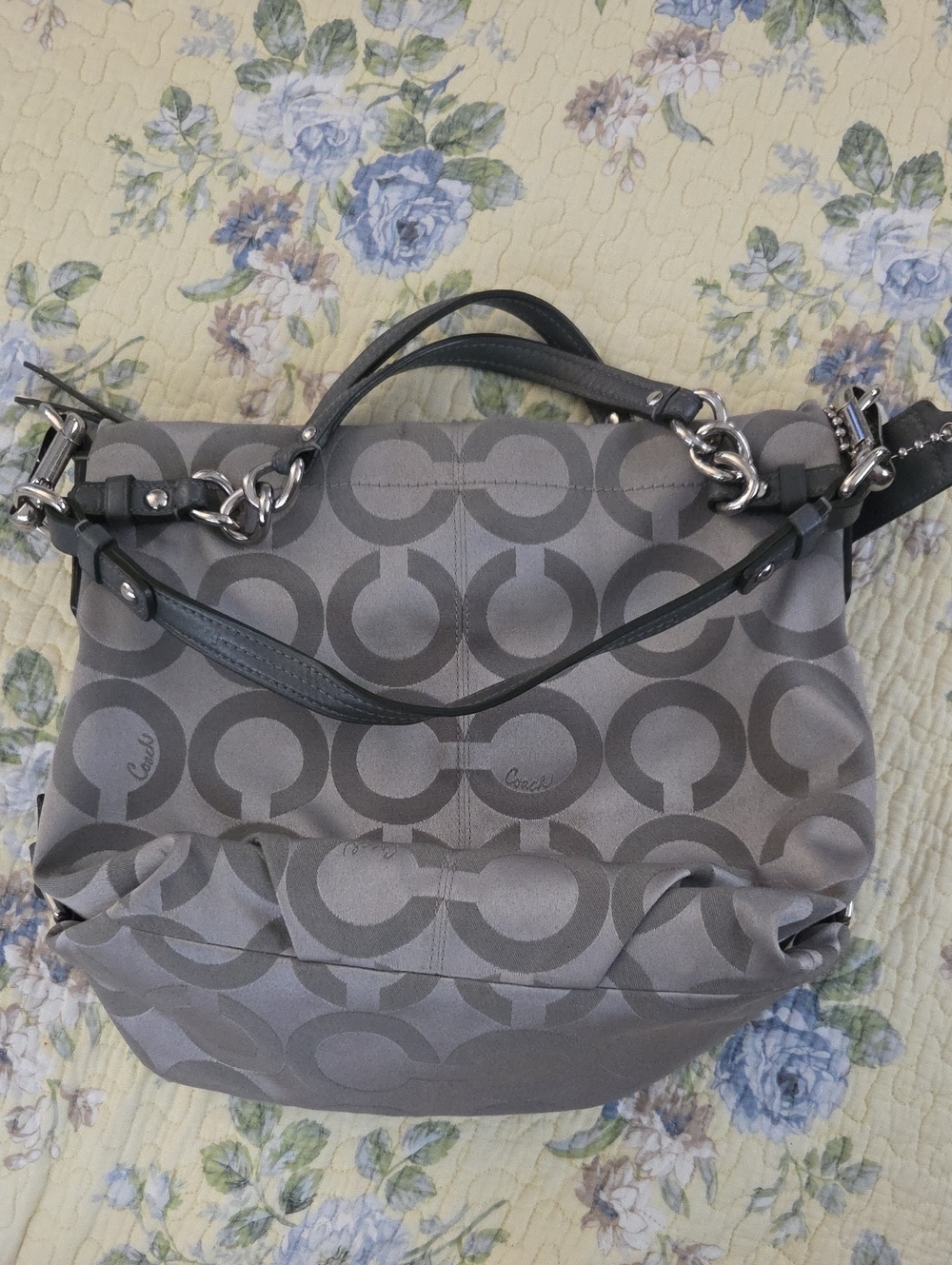 Coach Gray Signature Shoulder Bag with Chain-Accent Straps